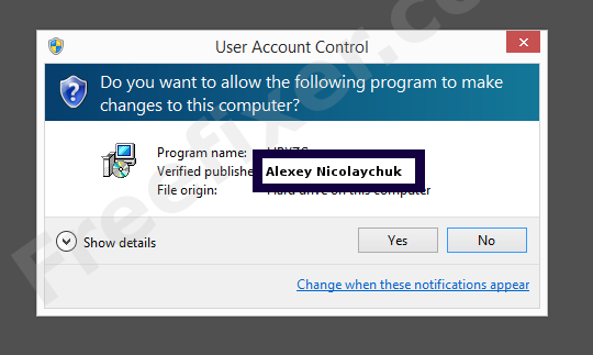 Screenshot where Alexey Nicolaychuk appears as the verified publisher in the UAC dialog